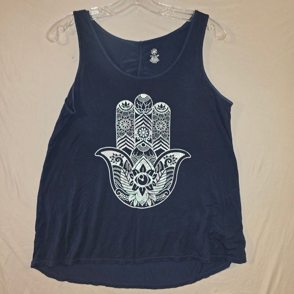 Gaiam Tank Top Medium Womens Navy Blue Silver Metallic Hamsa Yoga High Low Hem